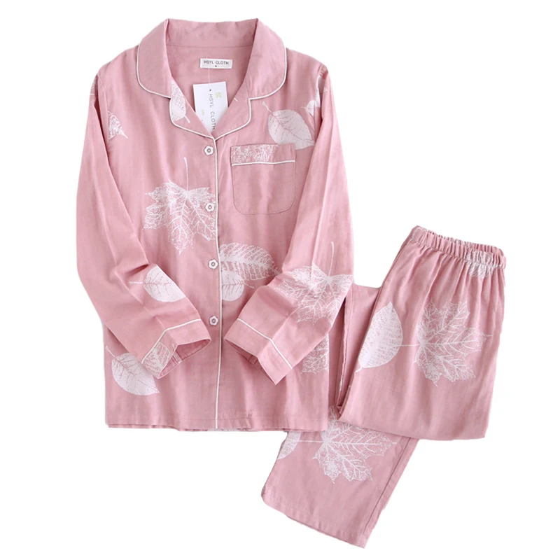 

Hasfia Kimono 100% Cotton Spring & Summer Pajamas Womens Casual Printed Leaf Pajamas Suit Ladies Simple Comfortable Home Service
