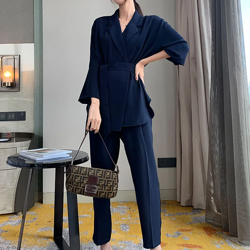 

Women's 2021 Spring And Summer New Casual Fashion Temperament Ladies Nine-Point Pants belt Suit Clothes