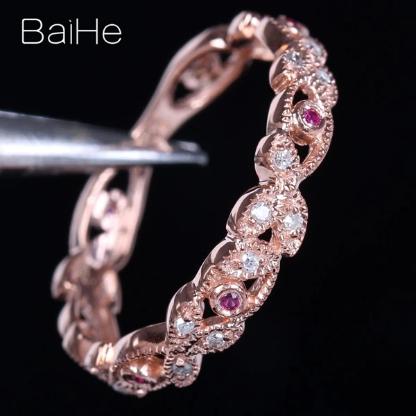 BAIHE Solid 14K розовое золото(AU585) 0.2CT Certified H/SI круглые натуральные бриллианты и рубины обручальное кольцо модные ювелирные украшения Подарочное кольцо