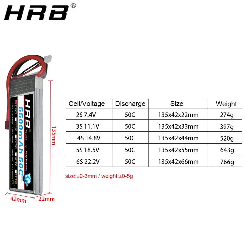 Аккумулятор HRB Lipo 5500mah 7 4 V 2S 11 1 50C T Plug Deans XT60 RC Запчасти для самолетов Quadcopter Car 14 8 4S 5S
