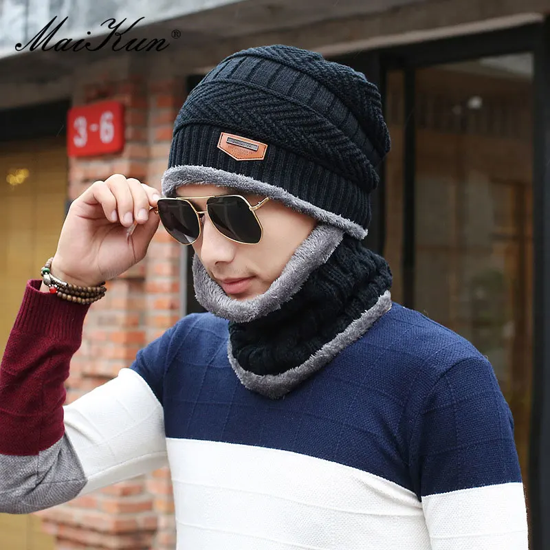 Maikun Hat Korean Version Of The New Mens Hat And Velvet Cycling Cap Warm And Windproof Winter Hat And Scarf Two Piece