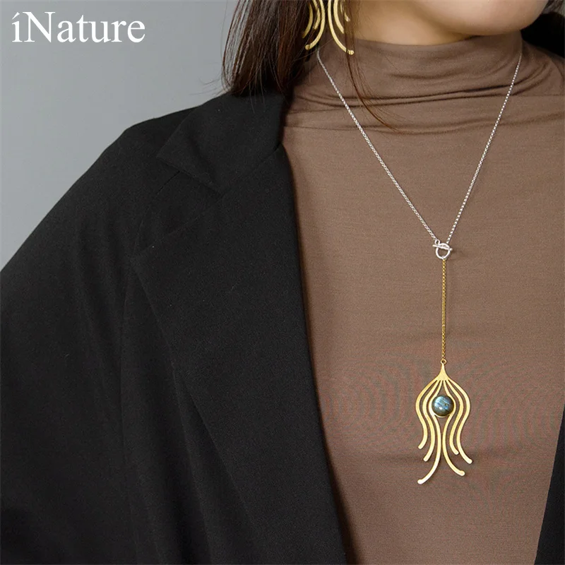 Женское вечерние жерелье из серебра 925 пробы с натуральным лабрадоритом и