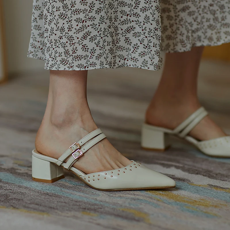 

poined toe Spring Summer Pumps ladies slippers Genuine leather 4.5cm high heels Mules Shoes Women slippers Nigh Club Shoes Woman