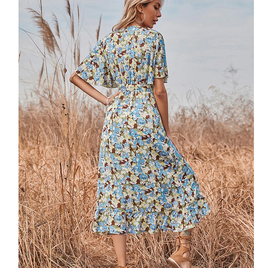 

GypsyLady Floral Printed Wrap Dress Summer Holiday Chic Women Midi Dress Flare Sleeve Split Sexy Ruffles Beach Ladies Dresses