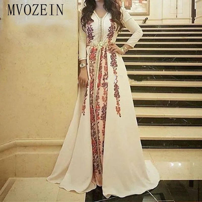 

Elegant Moroccan Kaftan Evening Dress Embroidery Lace Muslim Evening Dresses Long Sleeves Formal Party Gowns robe de soiree