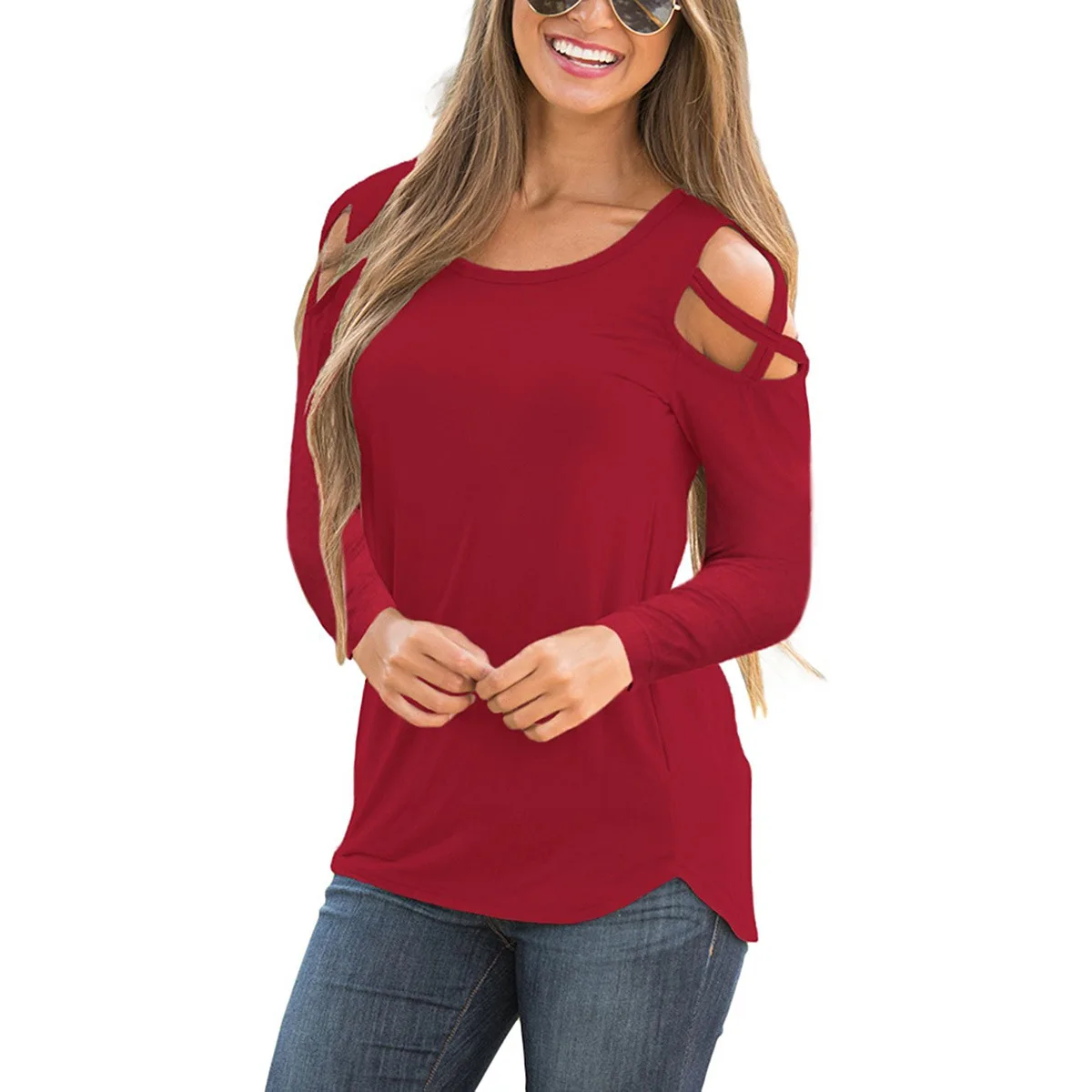 Новинка Женский однотонный топ футболка с длинными рукавами и