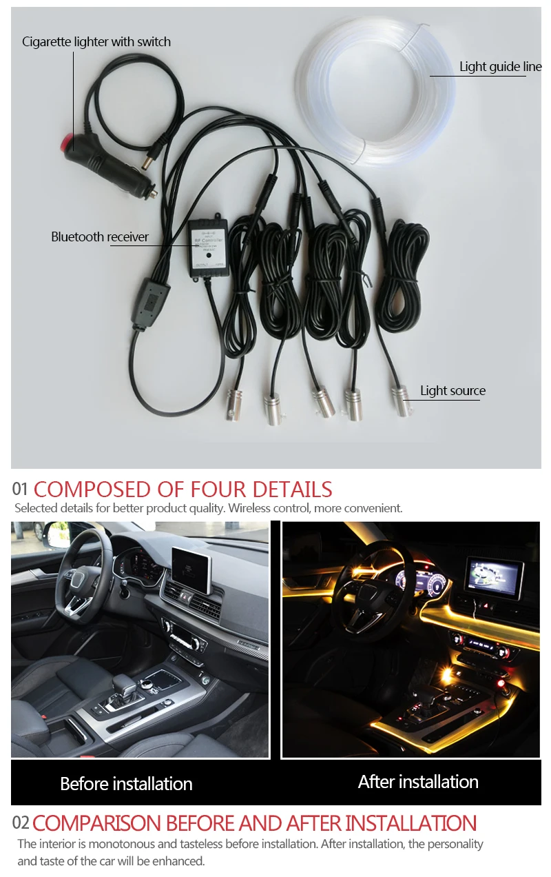 Car EL Neon Strip 6M Sound Control Light RGB LED Decorative Car Ambient Light Auto Atmosphere Lamps With A 12V Lighter&USB Line
