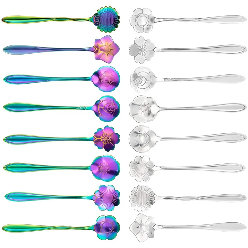 16 Pack Flower Spoon Set Diffient Pattern Stainless Steel Stirring for Coffee Tea Mix Sugar Ice Cream | Дом и сад
