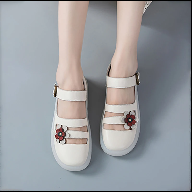 

Tilocow Genuine Leather Sandals Ladies Hollow Out Flats Female Ankle-Wrap with Flower Shoes Woman Cover Heel Sweet Footwear