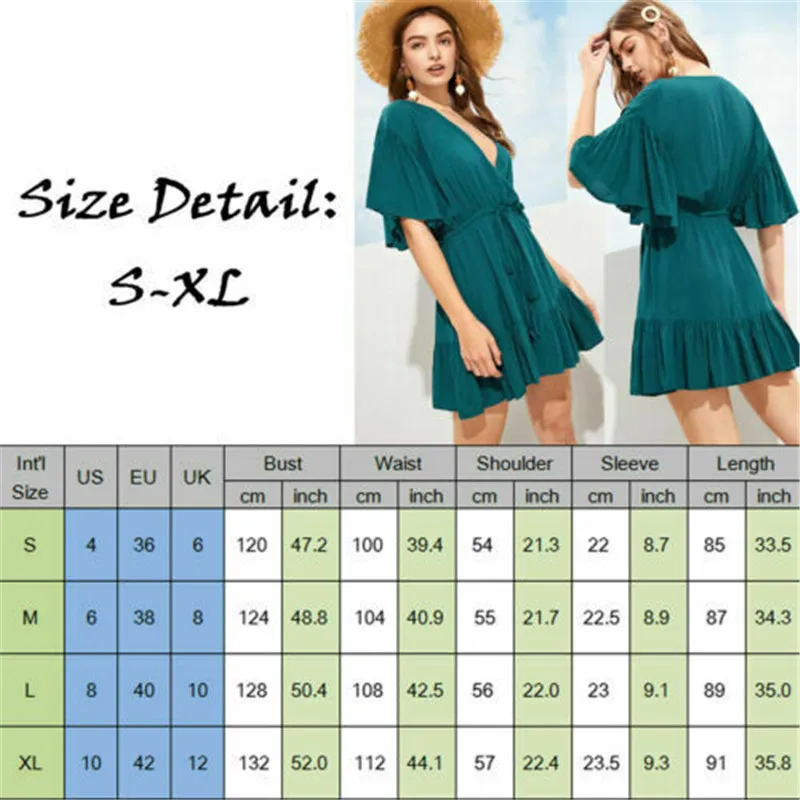 

Women Boho Ruffles Mini Dress Summer Short Sleeve V-neck Holiday Beach Party Dress