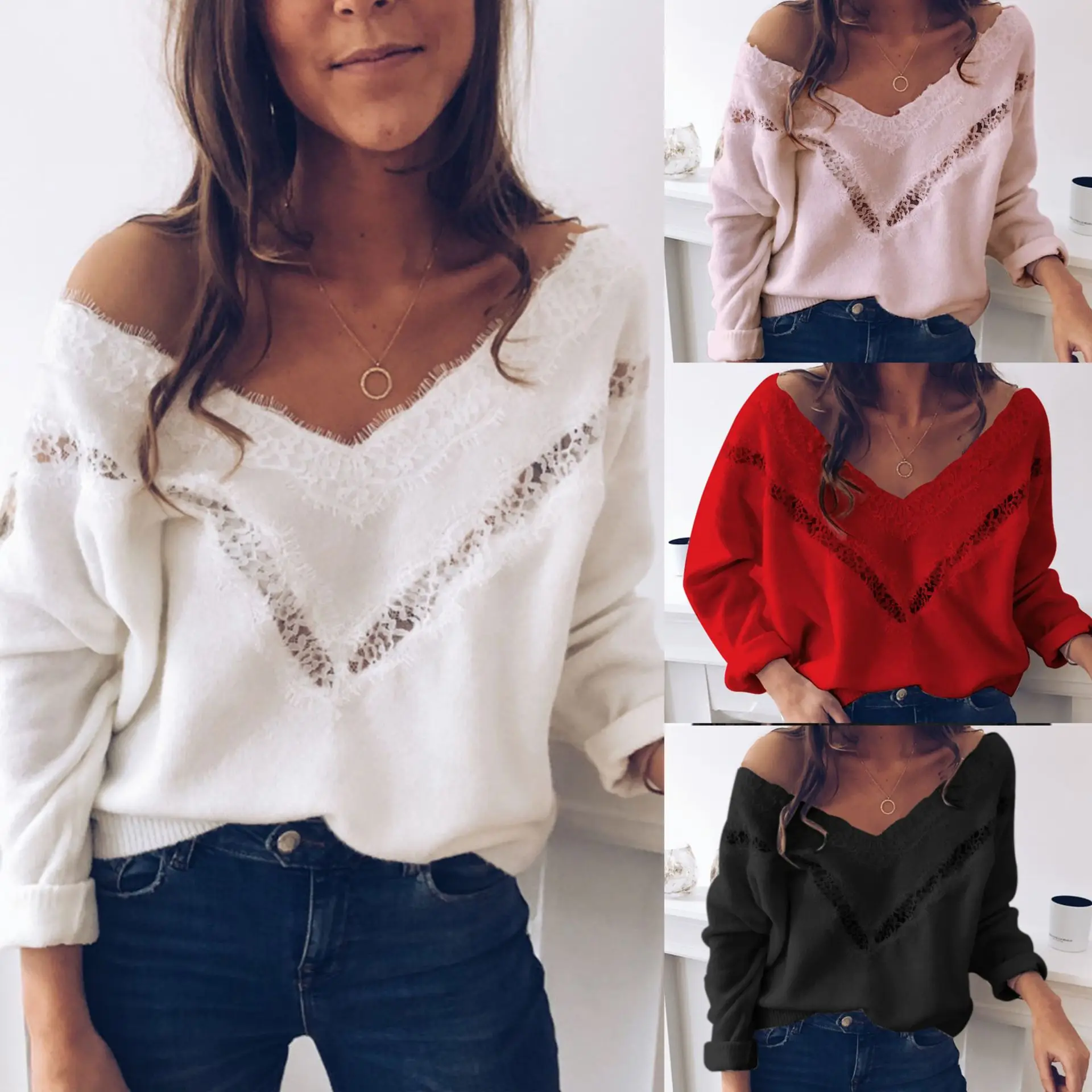 Женская блузка с длинным рукавом белая кружевная глубоким вырезом Осенние Топы