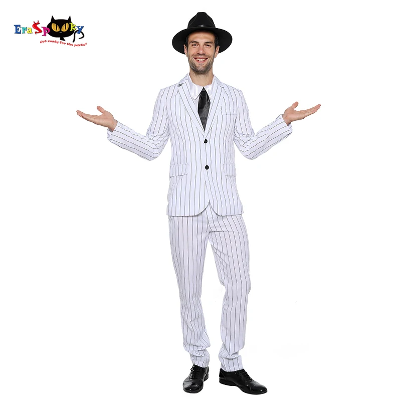 Eraspooky Retro Movie 1920s Gangster Costume Men's White Stripe Suits Jacket Cosplay Halloween Costume For Adult  Party Outfits
