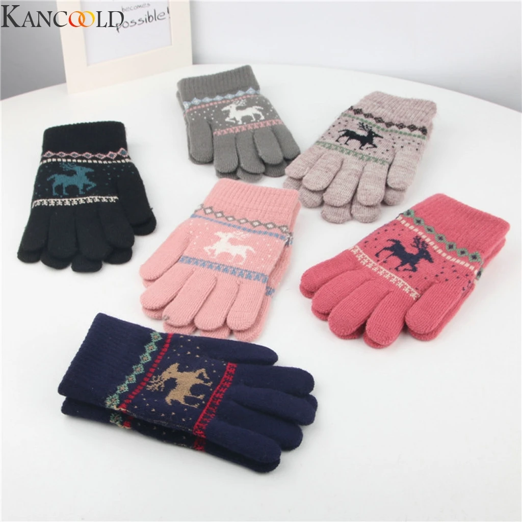 Женские вязаные перчатки KANCOOLD с оленем снежинками закрытыми пальцами зимние