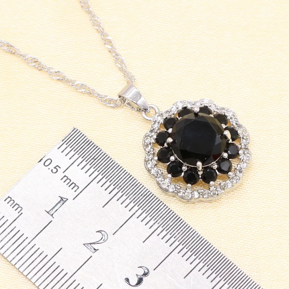 XUTAAYI New Round Black Stones Silver Jewelry Sets For Women Stud Earrings Bracelet Rings Necklace Pendant Free Gift Box | Украшения и