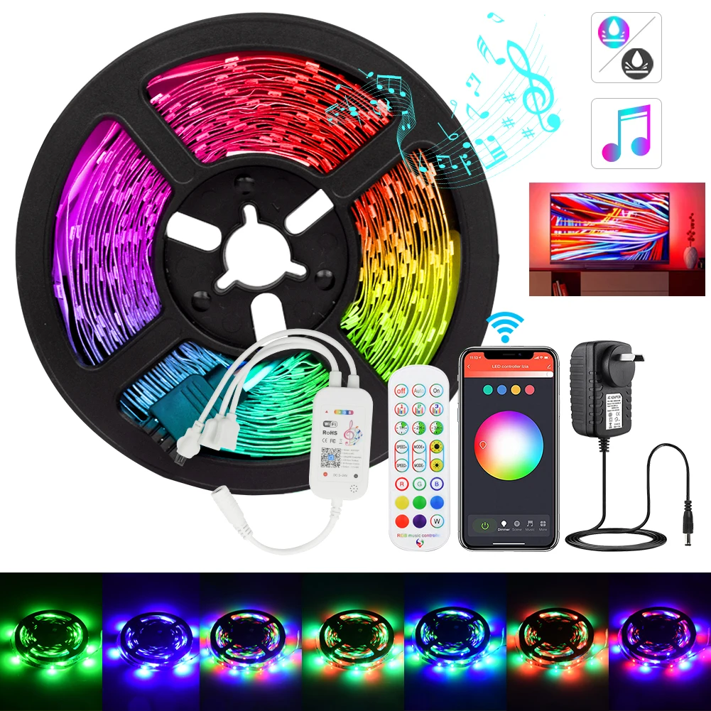 

Умная Светодиодная лента RGB 2835/5050 SMD с Wi-Fi, гибкая Водонепроницаемая светодиодная лента RGB, 5 м, Диодная лента с управлением 12 В постоянного ток...