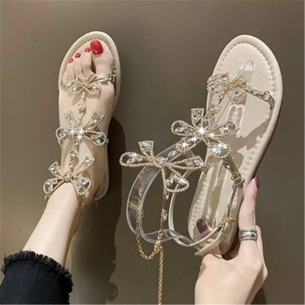 

Diamond Sandals Women's Summer Mid Heel Shoes Thick Heel Fairy Style 2021 New Fashion Bow Roman Ankle Strap Buckle Sandals Gold