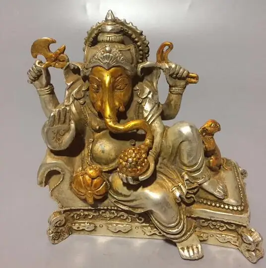 

Chinese Tibet Silver Handmade Carved Wealth Elephant Mammon Wealth God Buddha Statue Home Decoration