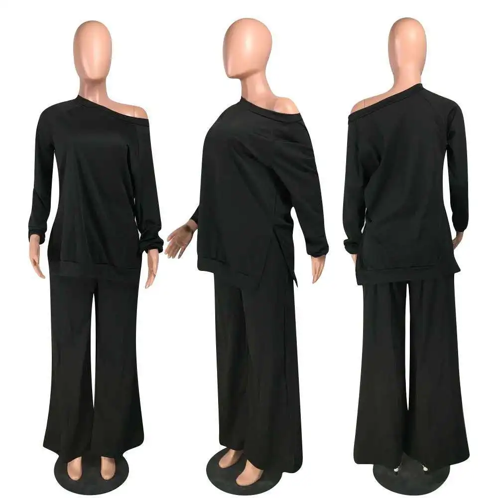 

One Shoulder Full Sleeve Loose Tshirt Top and Wide Leg Trouser Pant Two Piece Set Women Solid Casual Side Hight Split Clothing