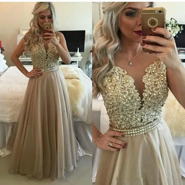 

Elegant Prom Dresses A-line Scoop Chiffon Appliques Lace Beaded Long Prom Gown Evening Dresses Robe De Soiree
