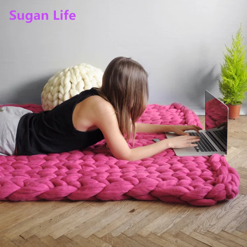 

Sugan Life Hand Chunky Knitted Blanket Thick Yarn Merino Wool Bulky Knitting Throw Blankets Nordic Chunky Blanket Free shipping