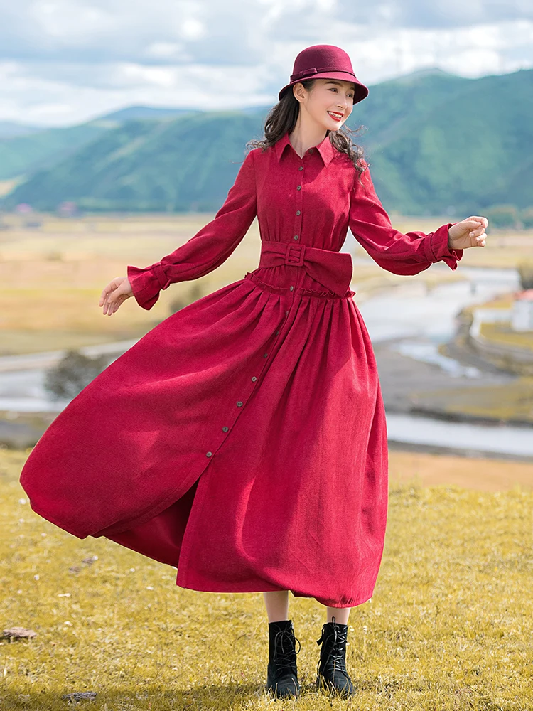 Boshow модное женское длинное Макси-фонарь рукав Весна и осень богемное платье с поясом S-L однобортное