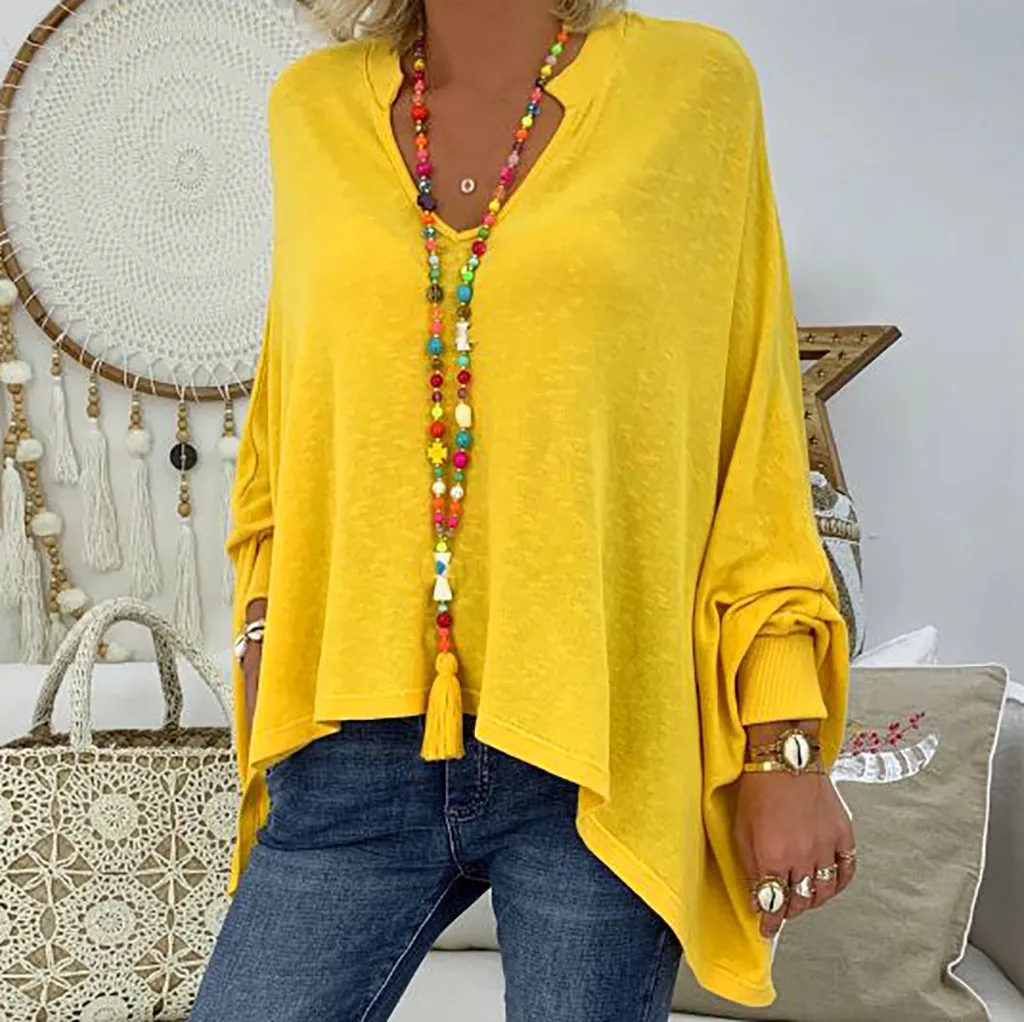 feitong Blouse Female Clothing Women's Loose Plus Size Solid Long Sleeve V-neck Pullover Blouse Tops Shirt Plus Size 5XL