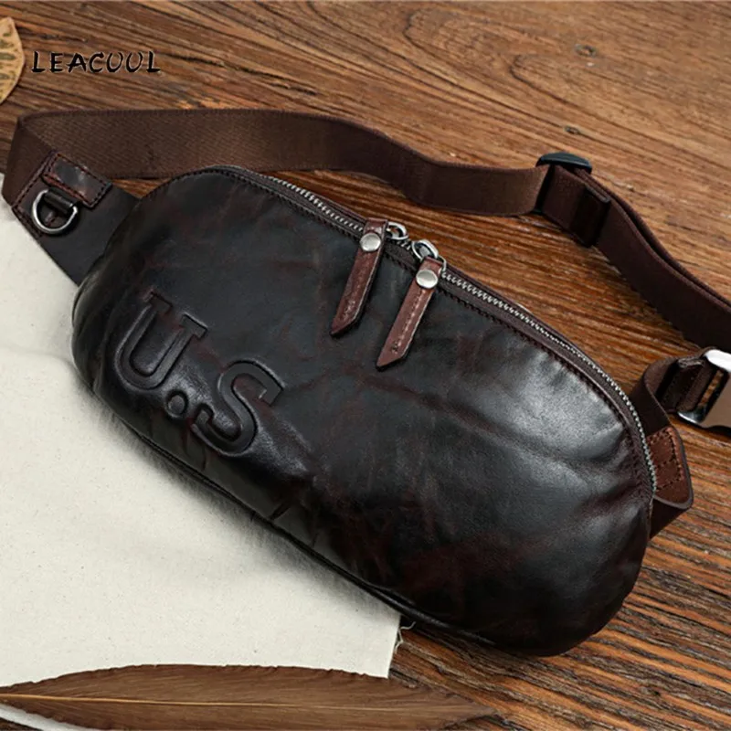 LEACOOL Cowhide Genuine Leather Messenger Bag Casual Crossbody Bag Fashion Handbag chest bag Male Shoulder Bag