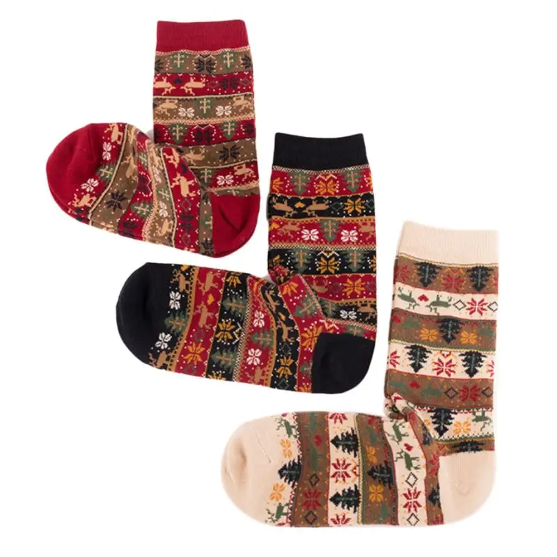 

Q6PB 3 Pairs Womens Vintage Christmas Ethnic Cotton Crew Socks Elk Snowflake Stripes Contrast Color Printed Mid Calf Long Gifts