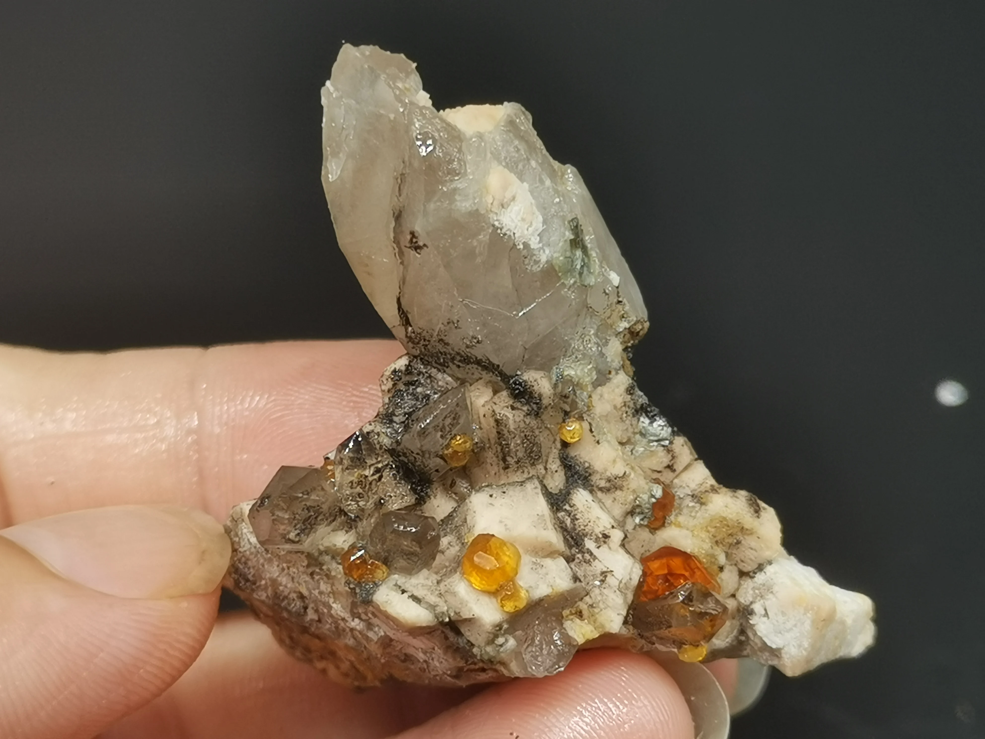 

22.3gRare natural garnet crystal hexagonal point feldspar mica brass multi mineral crystal symbiotic halo energy healing