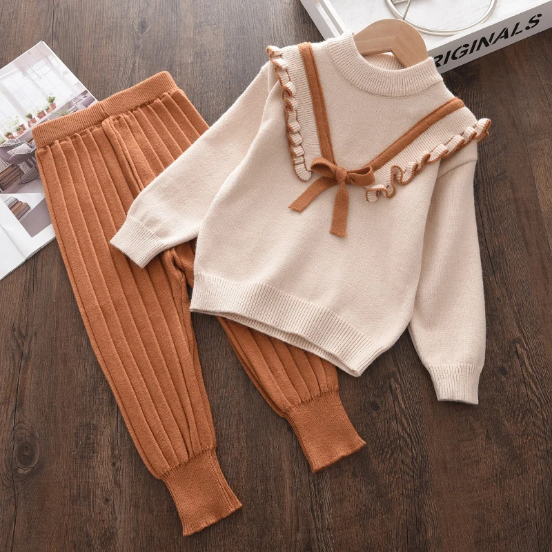 

Autumn Winter Fashion Girls Bow Knitted Thick Clothes Sets Kids Warm Long Sleeve Sweater Pants 2pcs Set Baby Girl Outfit