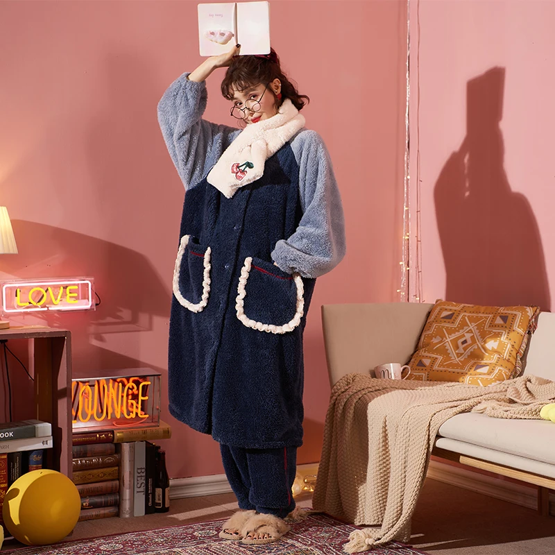 

Зимние пижамные комплекты для женщин, Халат + штаны, домашняя одежда, свободная одежда для сна, Женский фланелевый плотный комплект из 2 пред...