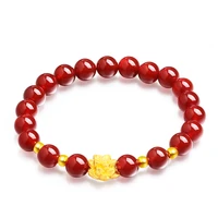 999 24k yellow gold bracelet real gold chain luck lotus charms and red agate 8mm bead girl best gift jewellery