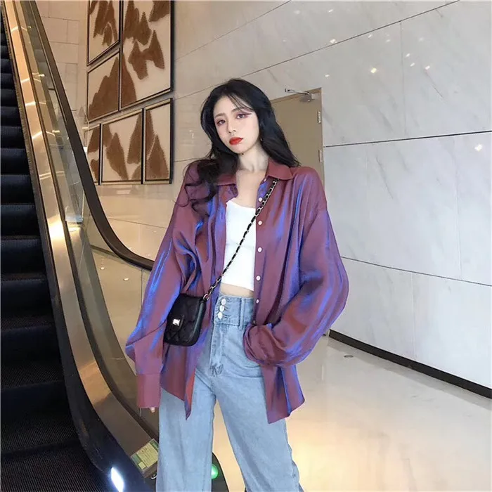 Большие размеры рыбий масштаб поляризованные крупные свободные блузки с длинными рукавами женские рубашки Стильные топы Blusas Mujer Chemise осень