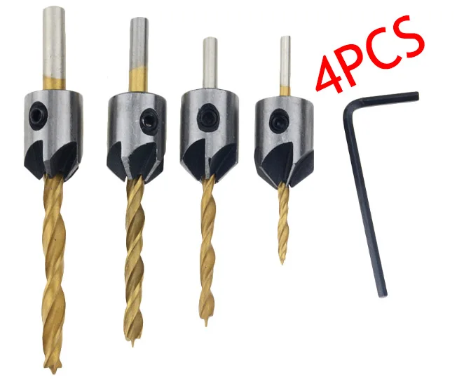4pcs Golden 4 шт., полезная HSS флейта, Зенковка, набор сверл, набор сверл, пресс, набор фасок, расширитель, деревообрабатывающий электроинструмент, 3-6 мм - Цвет: 4pcs Golden