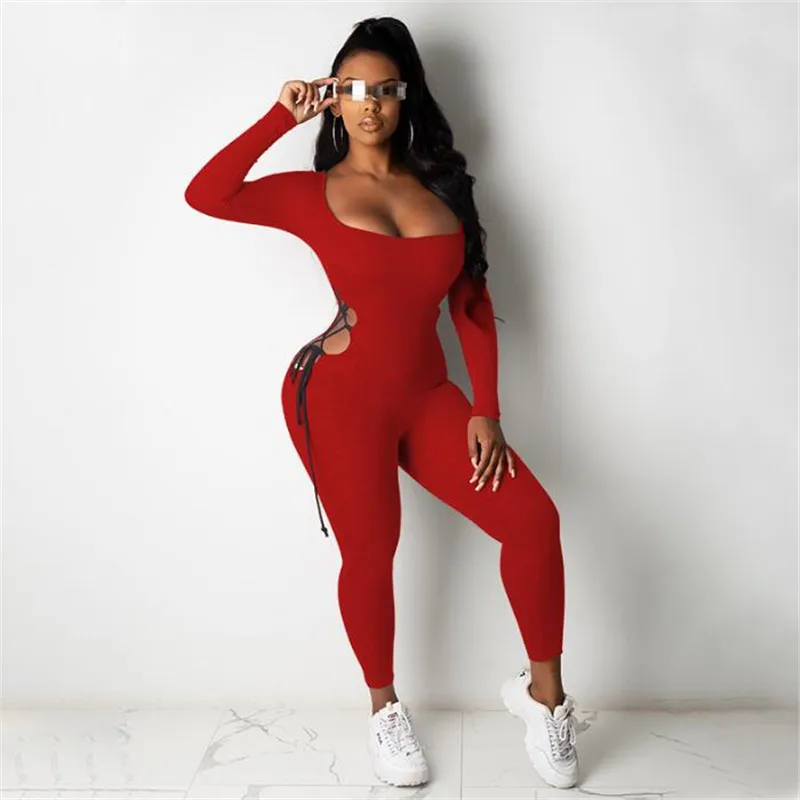 

Fall women long sleeve fitness skinny Jumpsuits sexy u shape neck elastic high slim sportswear female jumpsuit streetwear outfit