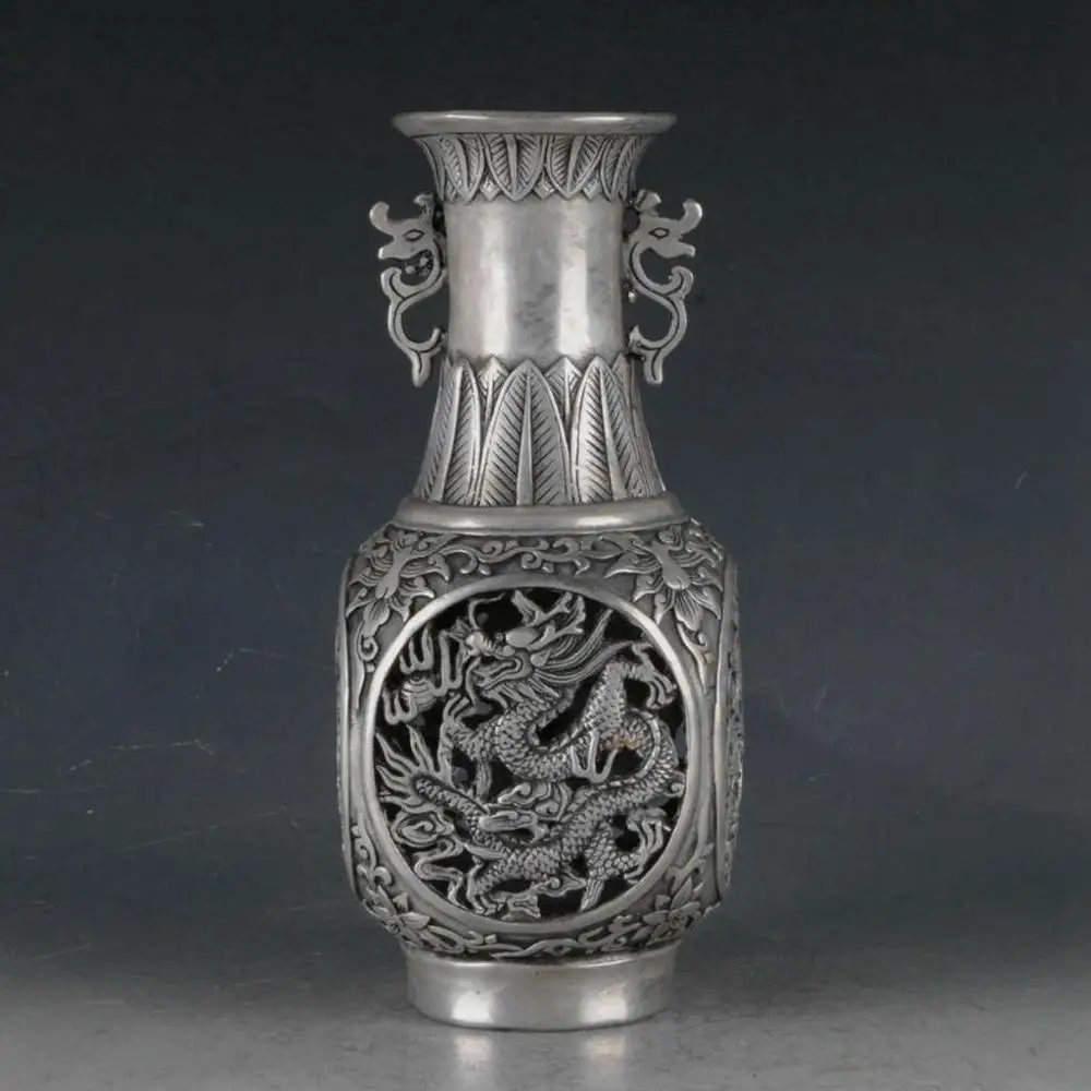 

China Antiques white copper silvering hollow out dragon&phoenix double ears vase