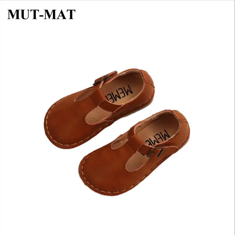 

2019 new children's retro small shoes girls soft bottom T-shaped peas shoes Genuine leather princess shoes