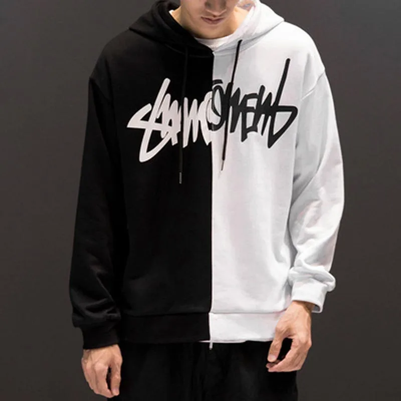 

Men's Sports Hoodie Magic Scratch Print Hip Hop Loose Black and White Patchwork Couple Hooded Sweatshirt Jacket