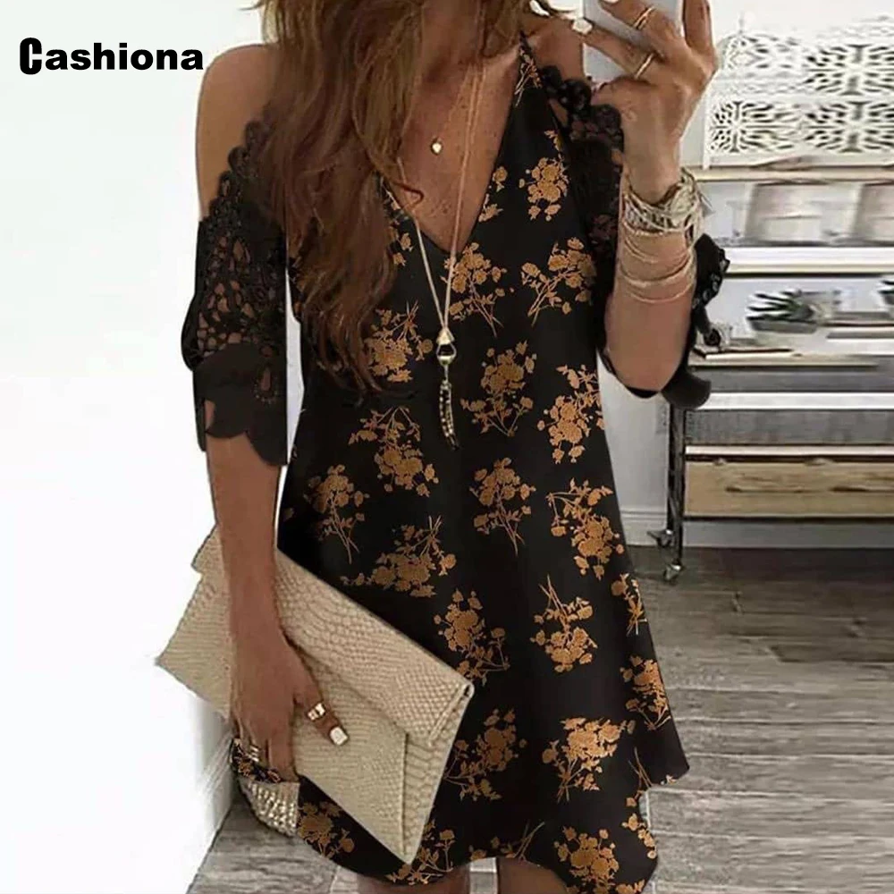 

Plus Size Women Patchwork Lace Dress Boho Flower Print Party Dresses Vintage 2021 New Summer Casual Short Mini Dress Femme 5xl