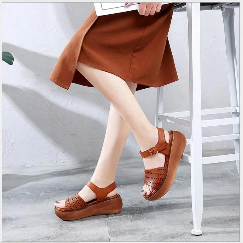 2020 New Retro Summer Women Sandals Handmade Genuine Leather Single Shoe Casual High Heel Wedges Platform Sandals