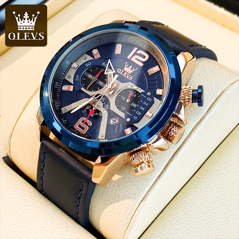 OLEVS Men Quartz Fashion Trendy Multifunctional No Time Difference Business Comfortable Leather Soft Breathable Strap Watch 9915