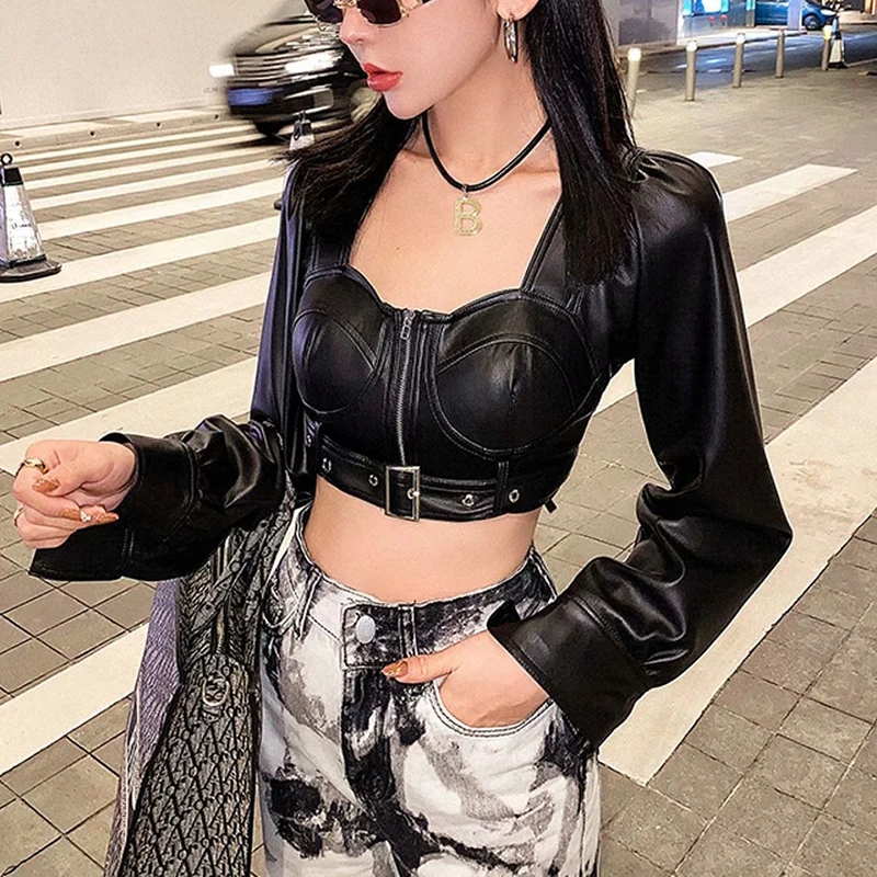 

Women's Fashion Sexy Navel High Waist Square Collar PU Leather Short Top Three-dimensional Chest Pad Motorcycle Streetwear