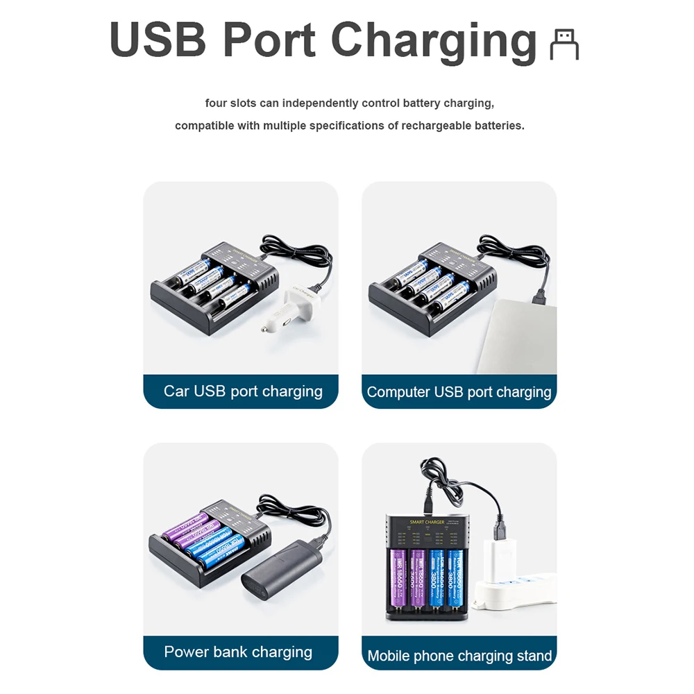 Зарядное устройство USB Smart 18650 M02 M04 для литий-ионных аккумуляторов 26650 21700 18350 AA AAA 3 7