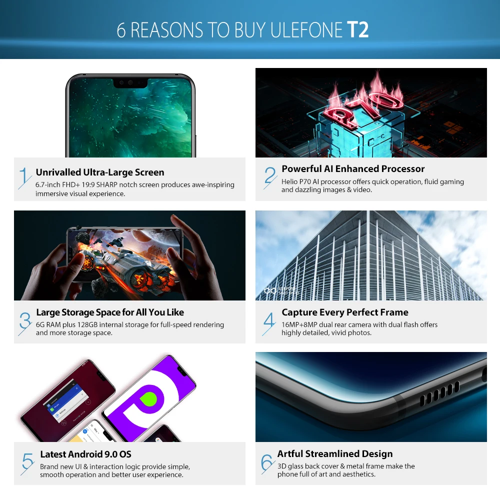 Ulefone T2 смартфон с 6 7 дюймовым дисплеем восьмиядерным процессором MTK6771T ОЗУ ГБ ПЗУ