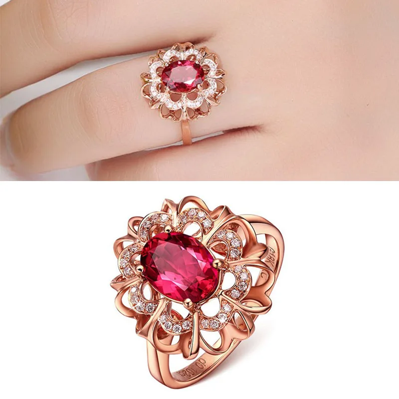

Classic Red Crystal Open Adjustable Ring Luxury Rose Gold Color Hollow Flower Ring for Women Female Trendy Jewelry