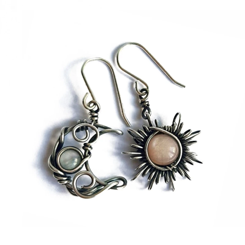 Antiqued Silver Sun and Moon Hook Earrings Bohemia Celestial Moonstone Earrings