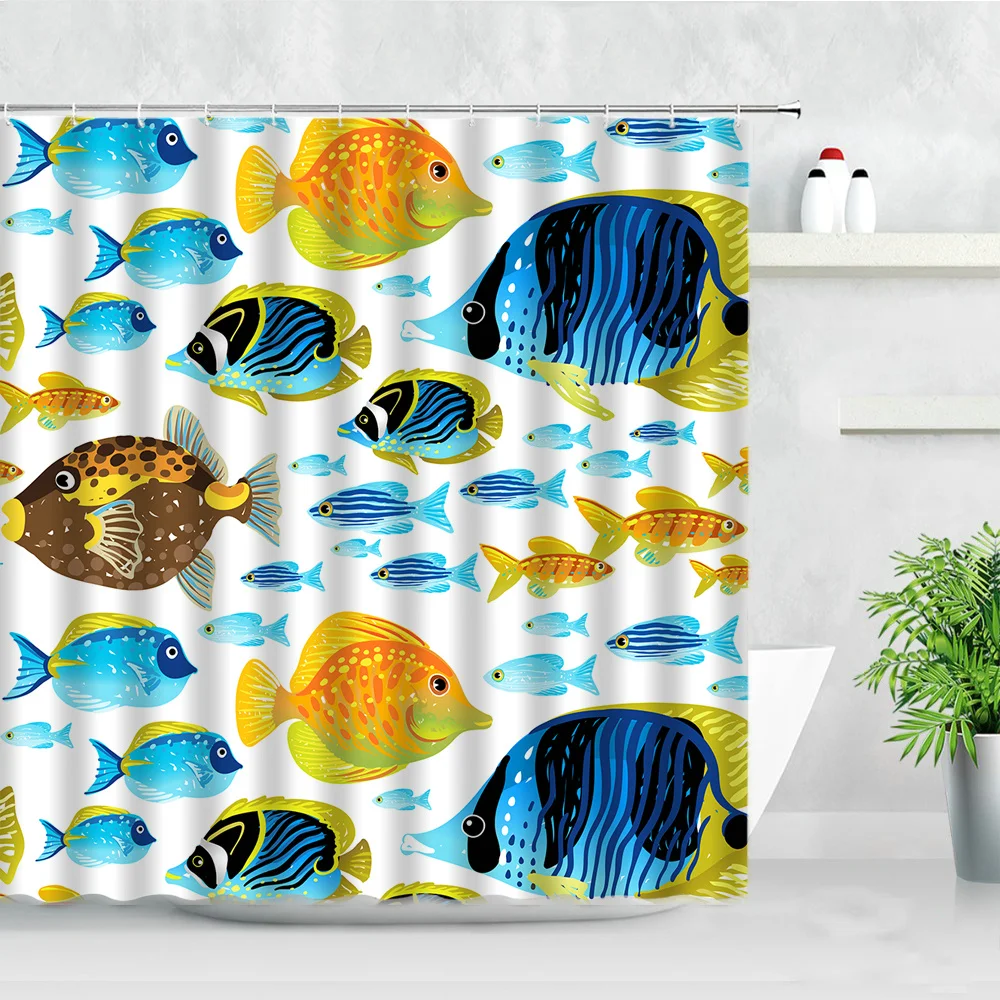 

3D Seabed World Shower Curtains Cartoon Sea Turtle Tropical Fish Coral Underwater Ocean Scenery Child Bathroom Decor Curtain Set