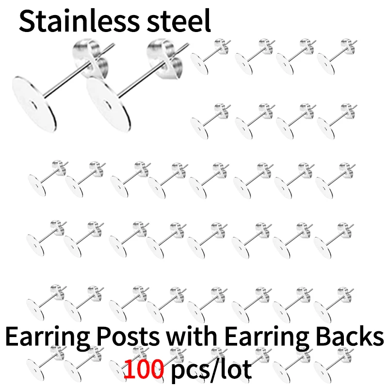 

100Pcs Stainless Steel Earring Studs Blank Post Base Pins With Ear Backs Plug Findings Ear Back For DIY Jewelry Making