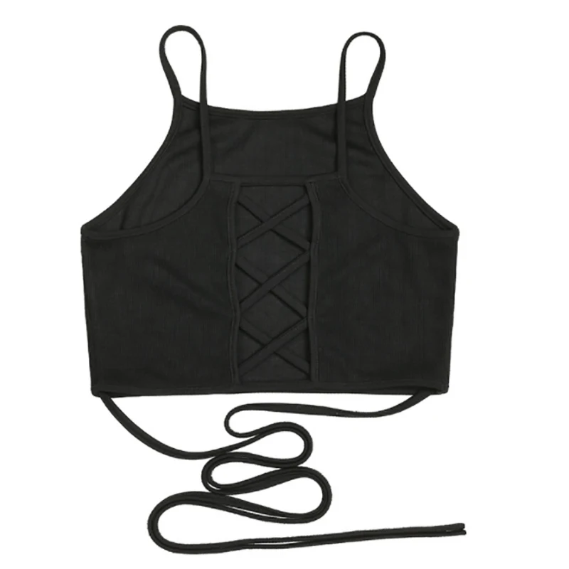 

2019 Summer Women Crop Tops Sleeveless Sexy Bandage T Shirt Top For Women Fashion Black Lace Up Ladies Tanks Tops