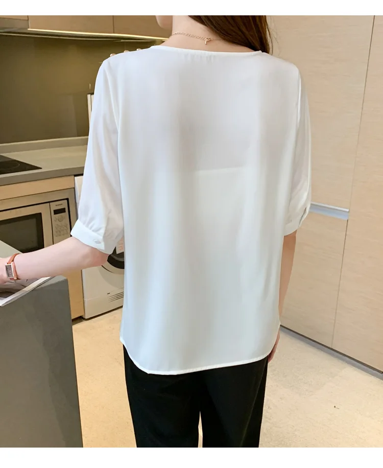 

Women's Blouses Chiffon Short Sleeve Tops Irregular Collar Shirts Beaded Solid Color Fashion Casual Korean Loose Commute